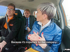 Busty tattooed lingerie MILF rides boss outdoor in car