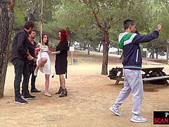 BDSM whipped teen deepthroats big cocks outdoor in public