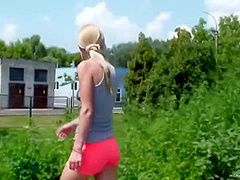 Cute Blonde Girlfriend Fucked Outdoors By The Shed