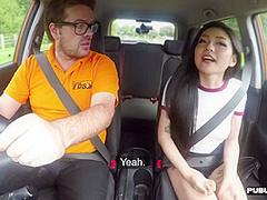 Public Asian babe car fucked outdoor by driving tutor