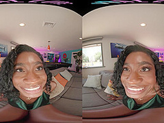 Ebony bombshell plays with her pussy in virtual reality