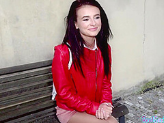 Pantyhose teen in leather jacket outdoor POV public fucked