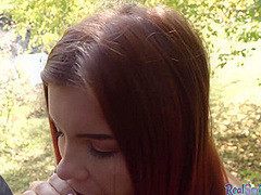 POV redhead teen public fucked outdoor after casting