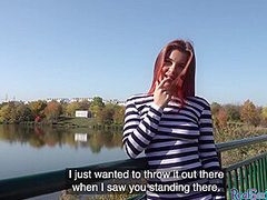 POV redhead teen public fucked outdoor after casting