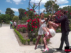 Preppy lady exposing her suspended sub in public