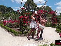 Preppy lady exposing her suspended sub in public