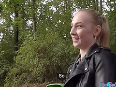 POV babe in leather jacket public fucked outdoor after BJ