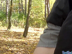 POV babe in leather jacket public fucked outdoor after BJ