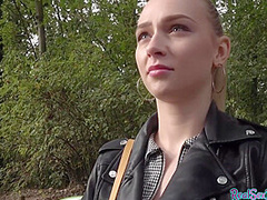 POV babe in leather jacket public fucked outdoor after BJ