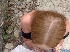 Reality ginger BJ babe POV fucked outdoor after casting