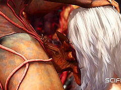 Alien fucks hard a sexy blonde in her ass in the fire cave