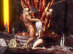 Alien fucks hard a sexy blonde in her ass in the fire cave
