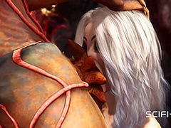 Alien fucks hard a sexy blonde in her ass in the fire cave