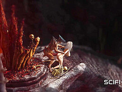Alien fucks hard a sexy blonde in her ass in the fire cave
