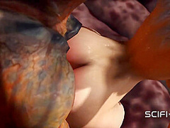 Alien fucks hard a sexy blonde in her ass in the fire cave