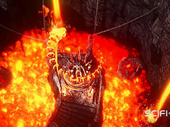 Alien fucks hard a sexy blonde in her ass in the fire cave