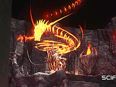 Alien fucks hard a sexy blonde in her ass in the fire cave