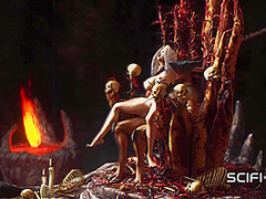 Alien fucks hard a sexy blonde in her ass in the fire cave