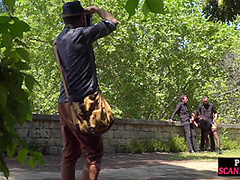 Real public threesome at a park with insatiable kinky slut