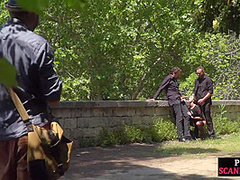 Real public threesome at a park with insatiable kinky slut