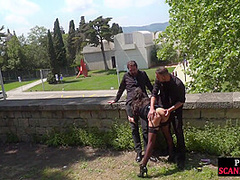 Real public threesome at a park with insatiable kinky slut