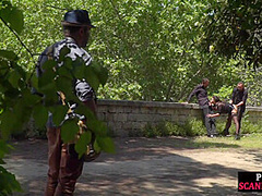 Real public threesome at a park with insatiable kinky slut