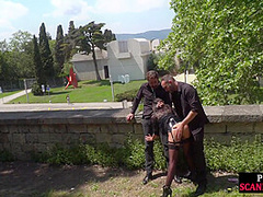 Real public threesome at a park with insatiable kinky slut