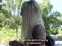 Inked and pierced teen4cash public POV fucked after casting