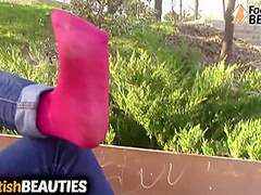 Former Playmate Diana Takes Off Her Shoes And Socks In A Public Park Then Relaxes On A Bench Showin