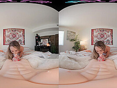 Skinny blonde hottie rides her male sex doll in virtual reality