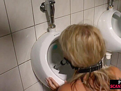 BDSM MILF public assfucked and pissed in the toilet