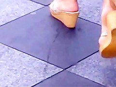 Candid mature asian in wedge sandals