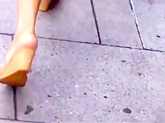 Candid mature asian in wedge sandals