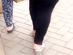 Candid sexy mature bbw in wedge sandals