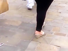 Candid sexy mature bbw in wedge sandals