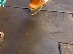 Candid ebony mature in wedge sandals