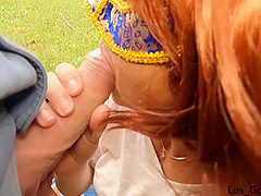 Beautiful Redhead Milf Outdoors Sucks Son In Laws Cock To Make Him Cum On Her Natural Tits