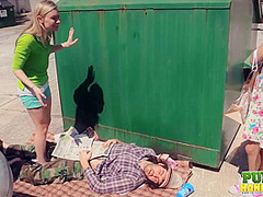 Raquel Roper Jessie Young- Hands-On Help for Homeless Man - Public Handjobs