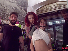 Public 3some fucked useless ballgagged babe bodywhipped