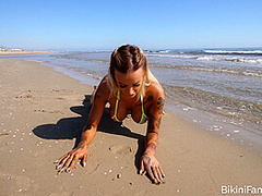 Fake tits bikini model in public