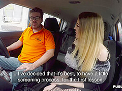 Smallboobs teen in stockings fucked in car by driving tutor