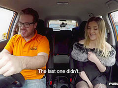 Smallboobs teen in stockings fucked in car by driving tutor