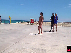 Public naked babe walks outdoor to satisfy mistress n master