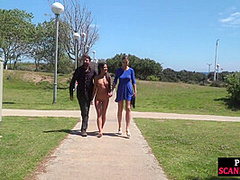 Public naked babe walks outdoor to satisfy mistress n master