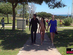 Public naked babe walks outdoor to satisfy mistress n master