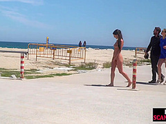 Public naked babe walks outdoor to satisfy mistress n master