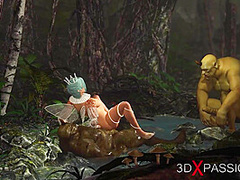 Threesome with a beautiful hot fairy and two orcs in the night forest