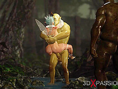Threesome with a beautiful hot fairy and two orcs in the night forest