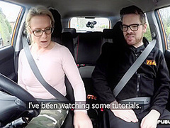 Busty BJ MILF fucked outdoor in car by driving instructor