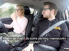 Busty BJ MILF fucked outdoor in car by driving instructor